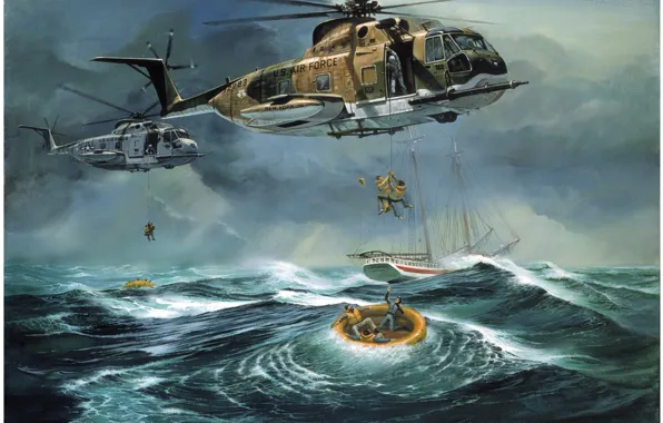 Picture people, the ocean, ship, helicopters, boats, salvation, Atlantic Ocean Rescue by Don Millsap