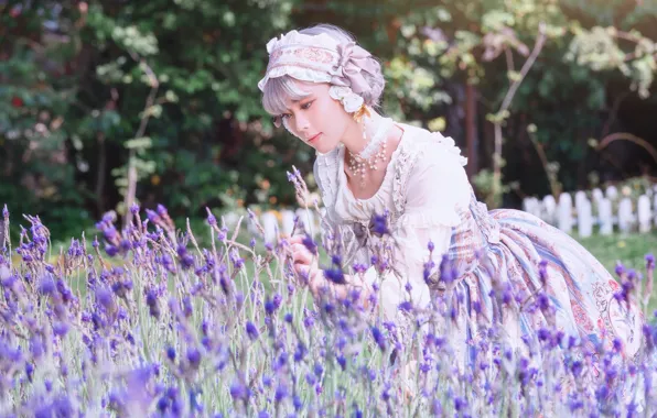 Picture summer, girl, light, flowers, nature, pose, garden, dress