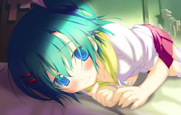 Smile, room, mood, stay, bed, the evening, anime, girl