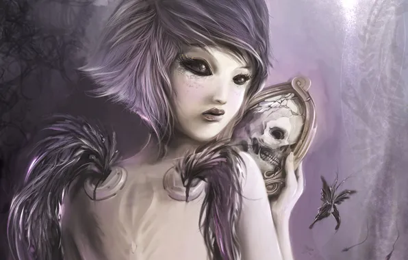 Picture girl, skull, wings, mirror, the demon, art, the mirror