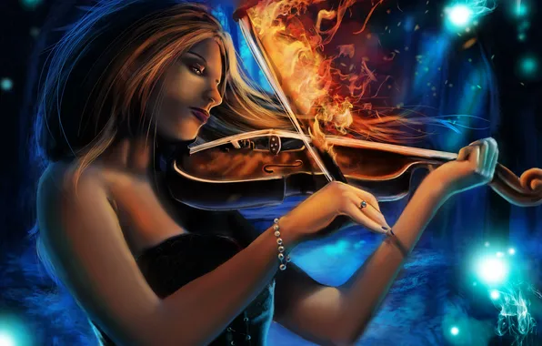 Picture look, girl, music, fire, violin, hair, hands, art