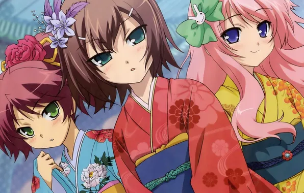 Flowers, girls, kimono, bow, friend, baka to test to shoukanjuu, hideyoshi kinoshita, shimada minami