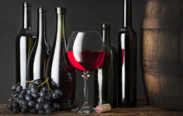 Picture wine, bottle, grapes, tube, barrel