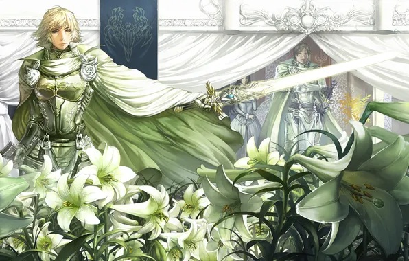 Picture girl, flowers, weapons, castle, Lily, sword, armor, male