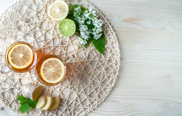 Flowers, lemon, tea, ginger