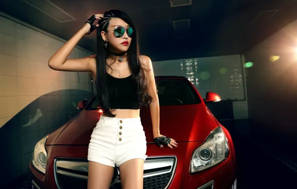 Picture look, girl, glasses, hairstyle, Asian, beautiful girl, red car, leaning on the car