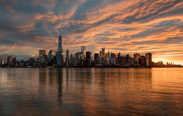 The sky, clouds, sunset, the city, shore, building, New York, skyscrapers