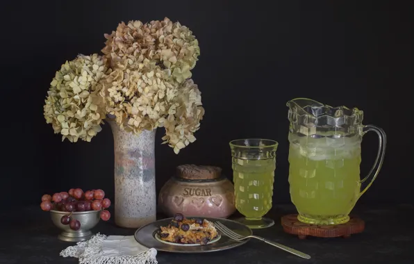 Grapes, hydrangea, lemonade