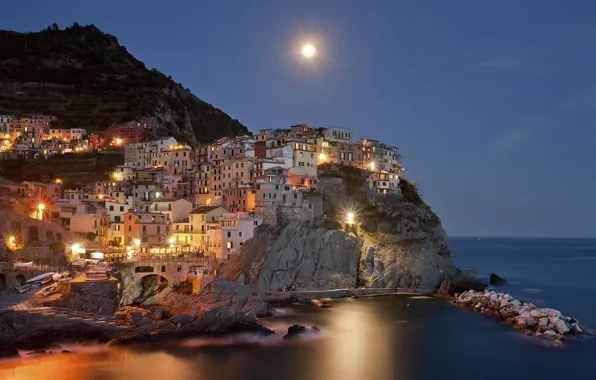 Sea, water, mountains, night, the moon, Italy, moon, sea