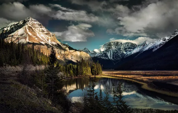 Autumn, forest, clouds, light, mountains, reflection, tops, ate