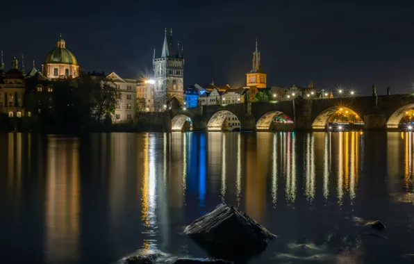 Night, bridge, lights, darkness, reflection, stones, shore, building