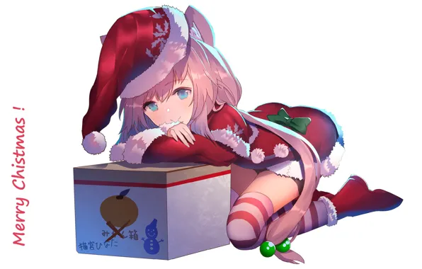 Box, white background, blue eyes, long hair, cap, striped stockings, bombski, the Santa suit