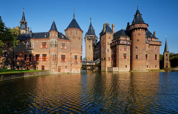 Picture the sky, the sun, pond, castle, tower, Netherlands, De Haar Castle