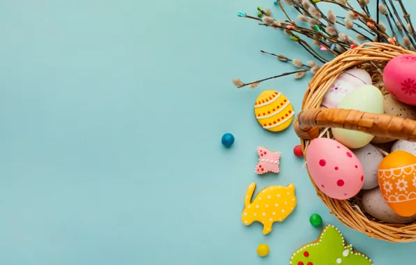 Branches, background, eggs, cookies, Easter, basket, eggs
