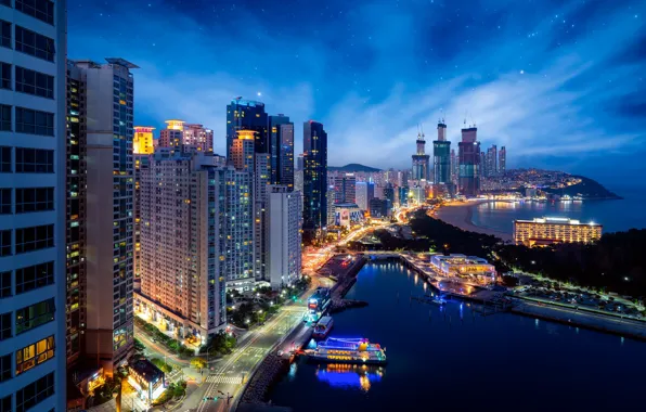 City, the city, lights, building, home, skyscrapers, the evening, Busan