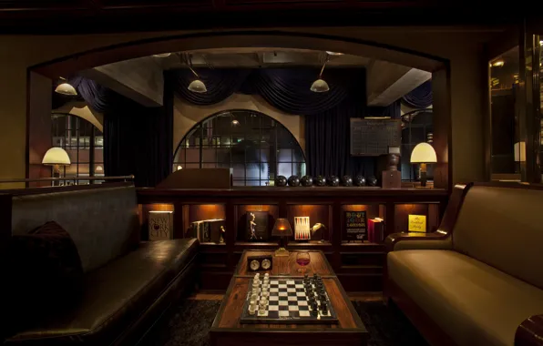 Retro, table, lamp, wine, glass, chess, Board, sofas