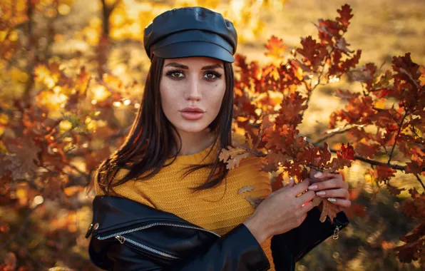 Picture autumn, look, leaves, Girl, Sergey Sorokin