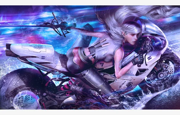 Girl, fiction, sword, motorcycle, bike, art, cyberpunk, shadowrun