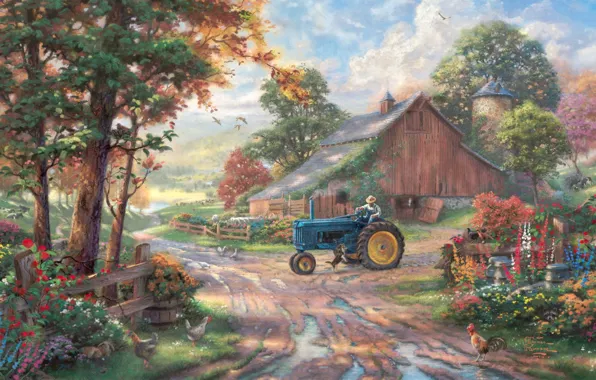 Picture animals, summer, trees, flowers, pond, the barn, tractor, summer