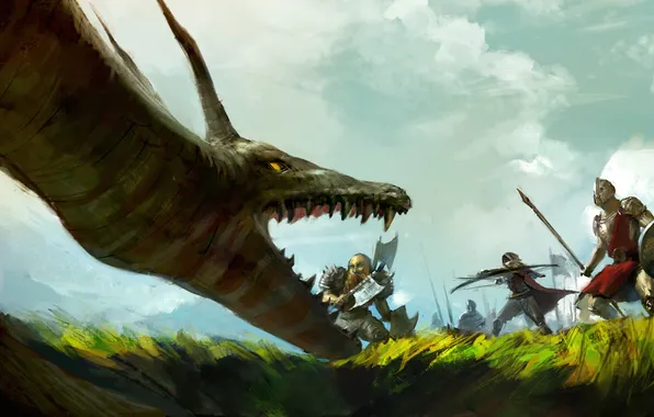 Picture grass, weapons, people, dragon, art, battle, dwarf, Archer