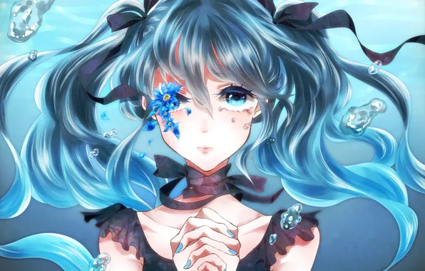 Flower, girl, tape, bubbles, tears, art, vocaloid, hatsune miku