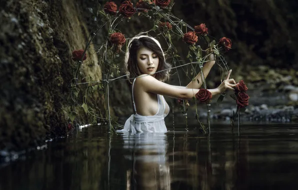 Picture girl, river, roses
