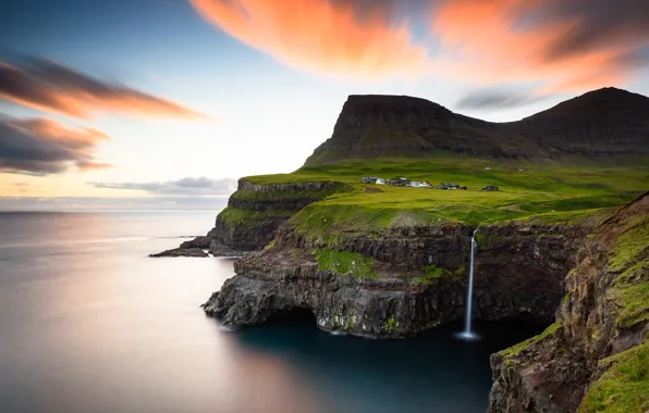 Sea, mountains, rocks, waterfall, the village, Faroe Islands