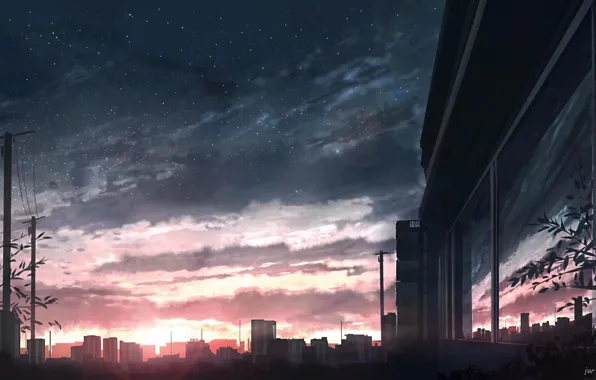 The sky, sunset, the city