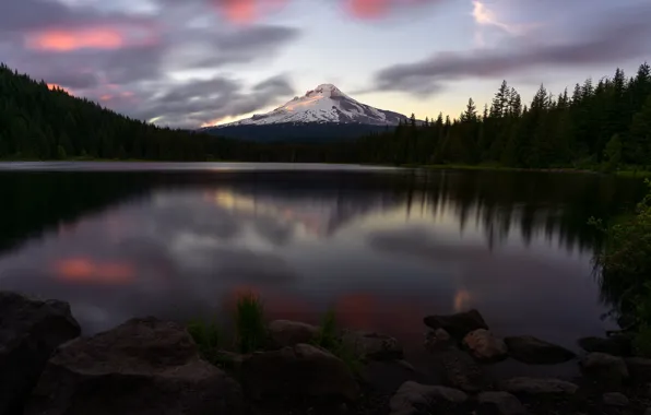 Forest, the sky, water, clouds, mountains, lake, reflection, stones