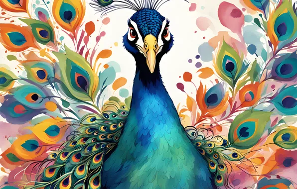 Bird, feathers, tail, peacock, imitation painting, AI art, neural network