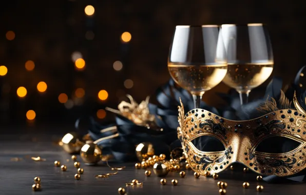 Holiday, wine, mask, glasses, Christmas, alcohol, New year, champagne