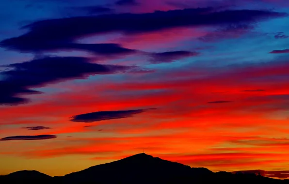 The sky, clouds, sunset, mountains, silhouette, glow