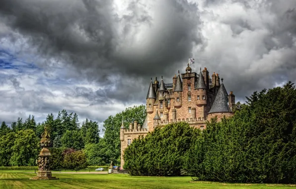 Picture clouds, the city, photo, castle, lawn, HDR, Scotland, Glamis