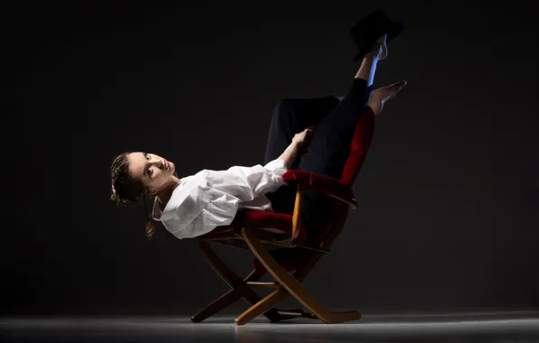 Look, chair, hat, barefoot, beautiful girl, the dark background, white blouse, feet up