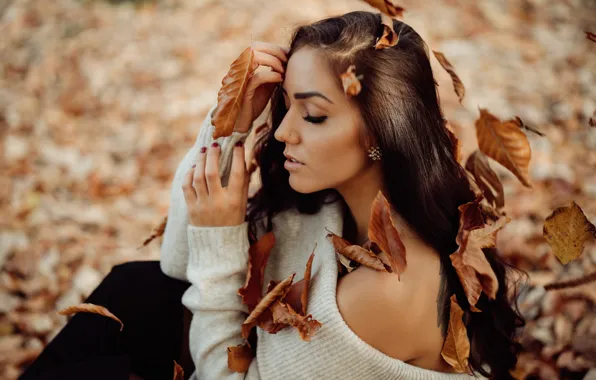 Autumn, leaves, girl, face, pose, mood, hair, hands
