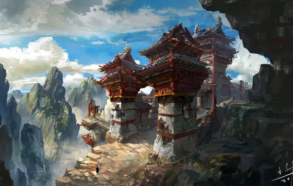 Picture the sky, rocks, people, construction, art, by xiaoxinart, lost temple