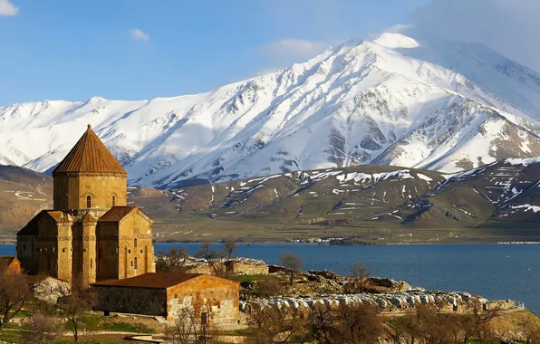 The sky, clouds, snow, mountains, lake, Church