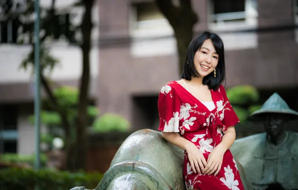 Picture smile, dress, brunette, Asian, bokeh