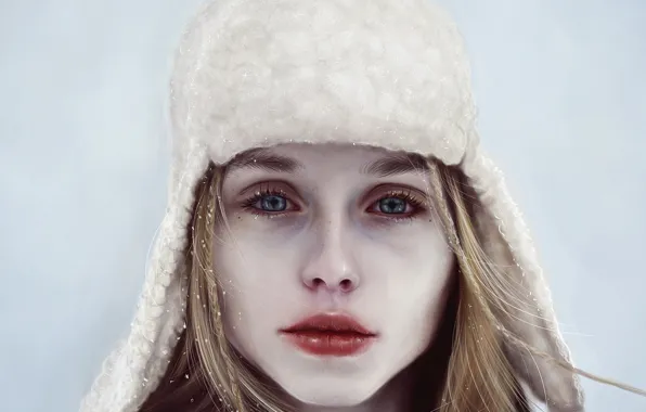 Winter, look, girl, snow, face, hat, art, lips