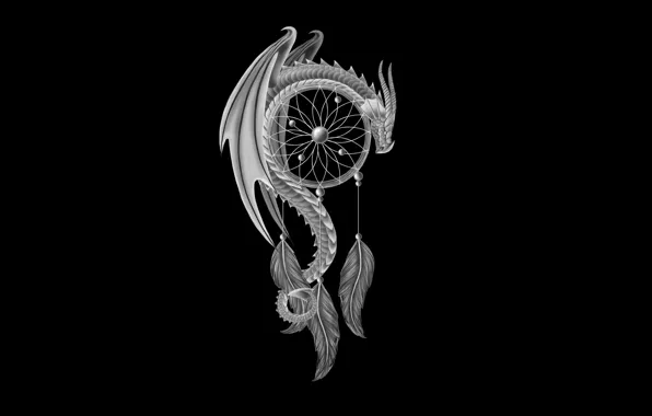 Dragon, minimalism, feathers, black background, dragon, Dreamcatcher, Dreamcatcher