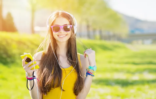Picture girl, headphones, beautiful, model, smartphone, sunglasses