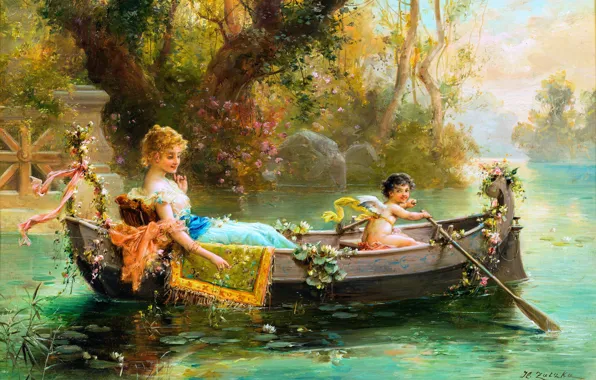 Girl, Lake, Boat, Picture, Hans Zatzka, Cupid, Austrian artist, Hans Zacka
