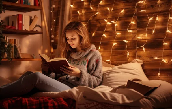 Girl, light, smile, comfort, heat, holiday, stay, books