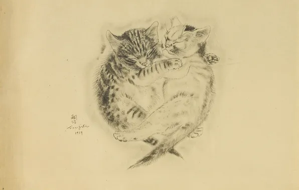 Picture friendship, kittens, brothers, sleep, 1929, Tsuguharu, Fujita, The Book Of Cats