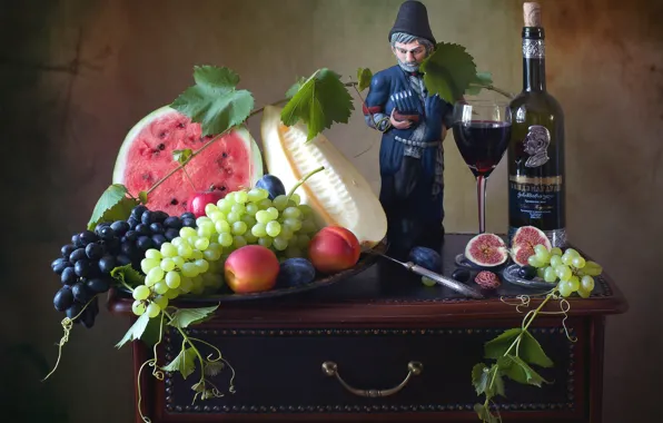 Wine, bottle, watermelon, grapes, figurine, still life, melon, nectarine