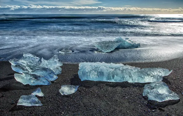 Picture ice, sea, wave, the sky, clouds, shore, floe