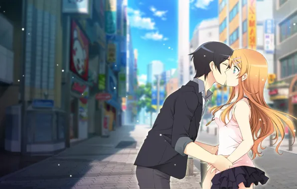 The city, kiss, anime, art, pair, two, Oreimo