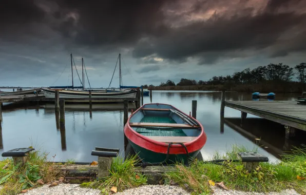 Grass, landscape, clouds, nature, lake, boats, pier, bridges