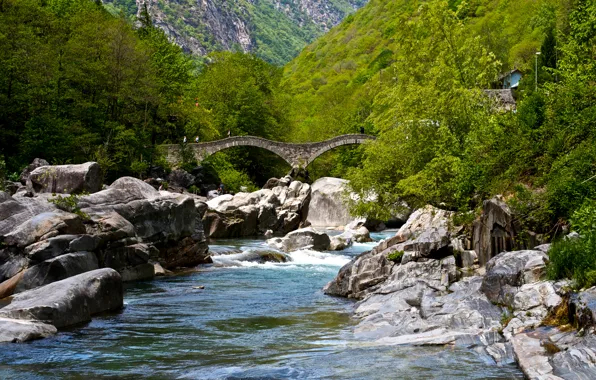 Greens, forest, trees, mountains, bridge, river, stones, Switzerland