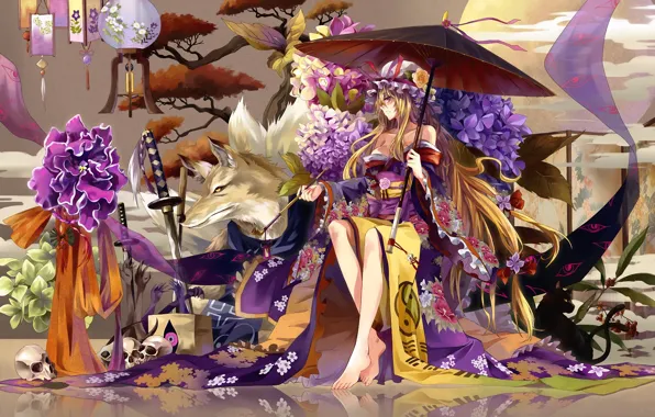 Girl, flowers, tree, skull, wolf, tube, sword, katana